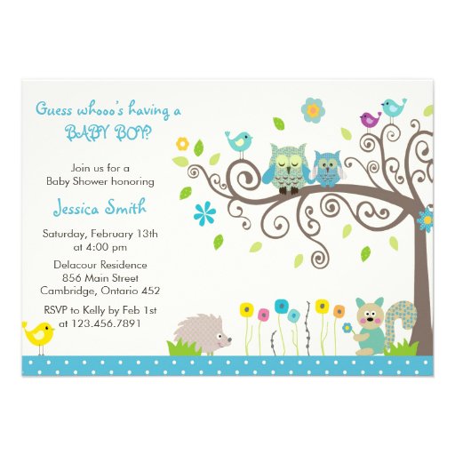 Cute Blue Owl Boy Baby Shower Invitations (front side)