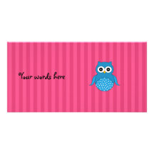 Cute blue owl pink stripes picture card