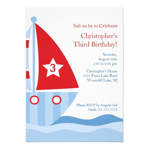 Cute Blue Red SAILBOAT Birthday Party Invitation