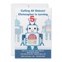 Cute Blue Robot Birthday Party Invitation