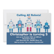 Cute Blue Robot Birthday Party Invitation