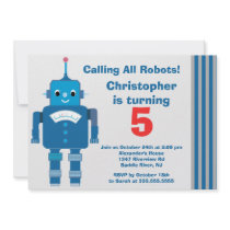 Cute Blue Robot Birthday Party Invitation