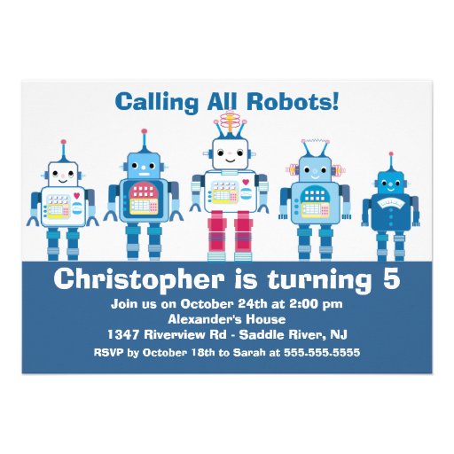 Cute Blue Robot Birthday Party Invitation