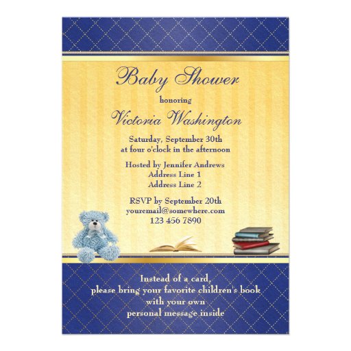 Cute Blue Teddy Elegant Bring a Book Baby Shower Personalized Invite