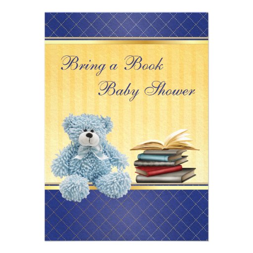 Cute Blue Teddy Elegant Bring a Book Baby Shower Personalized Invite (front side)