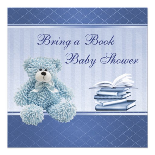 Cute Blue Teddy Elegant Bring a Book Baby Shower Custom Announcements