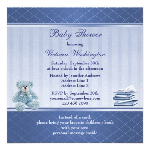 Cute Blue Teddy Elegant Bring a Book Baby Shower Custom Announcements