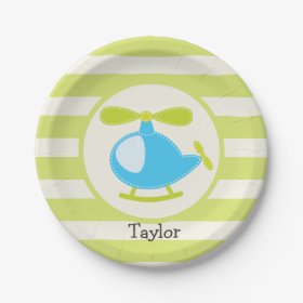 Cute Blue Toy Helicopter on Lime Green Stripes 7 Inch Paper Plate