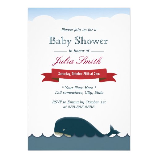Cute Blue Whale & Sea Baby Shower Invitations (front side)