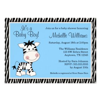 Cute Blue Zebra Boy Baby Shower Personalized Announcement