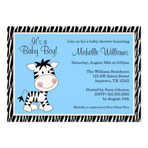Cute Blue Zebra Boy Baby Shower Invitations (front side)