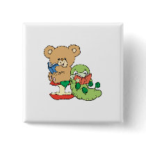 Cute Book Worm and Reading Bear Pinback Button