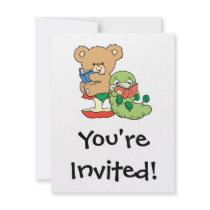 Cute Book Worm and Reading Bear Custom Invitations
