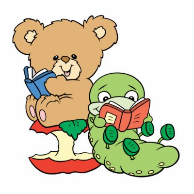 SIlly reading bear with cute bookworm and apple. Promote books and reading 