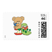 Cute Book Worm and Reading Bear Postage Stamp
