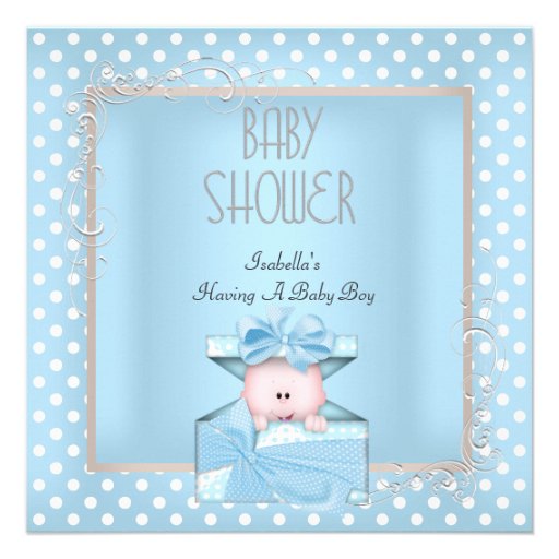 Cute Boy Baby Shower Blue White Polka Dots Custom Invitation