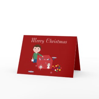 Cute Boy & Decoration Box Red Christmas Card card