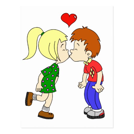 Cute boy girl kiss cartoon postcard Zazzle