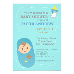 Cute Boy in a Bundle, Blue Baby Shower Invitation