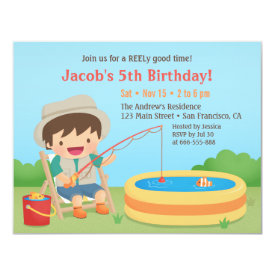 Cute Boy Loves Fishing Birthday Party Invitations