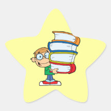 cute boy student with lots of books star stickers