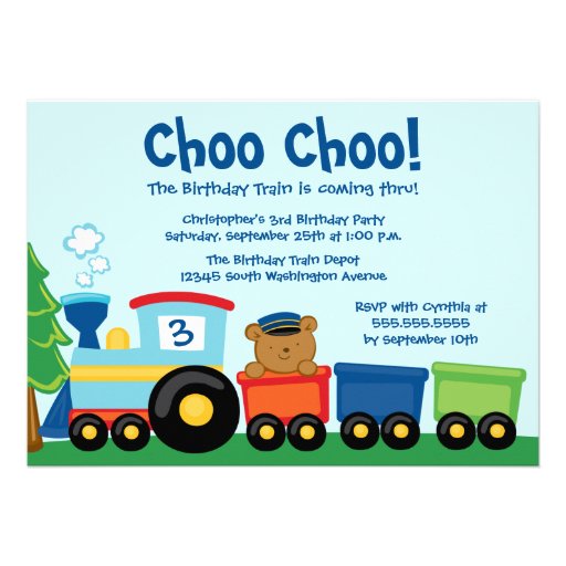 Cute boy's train bear birthday party invitation