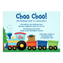 Cute boy's train birthday party photo invitation