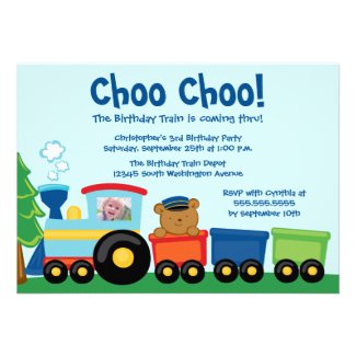 Cute boy's train birthday party photo invitation