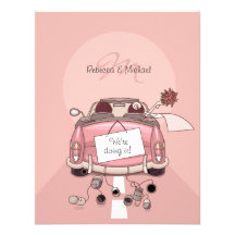 Cute Bride & Groom Pink Getaway Car Personalized Invitations