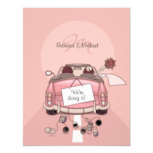 Cute Bride & Groom Pink Getaway Car Personalized Invitations