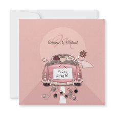 Cute Bride & Groom Pink Getaway Car Invitations invitation