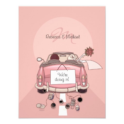 Cute Bride & Groom Pink Getaway Car Invitations