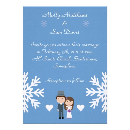 Cute Bride & Groom Snowflakes Blue Winter Wedding Custom Invites
