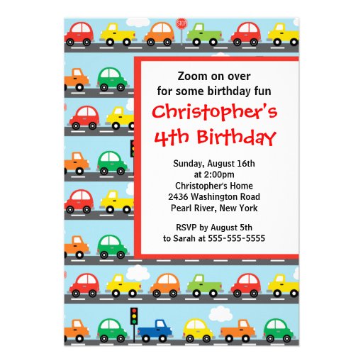 Cute Bright & Colorful Cars Birthday Party Custom Invitation