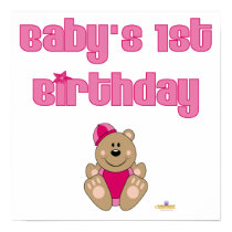 Cute Brown Bear Pink Snow Hat Baby's 1st Birthday posters