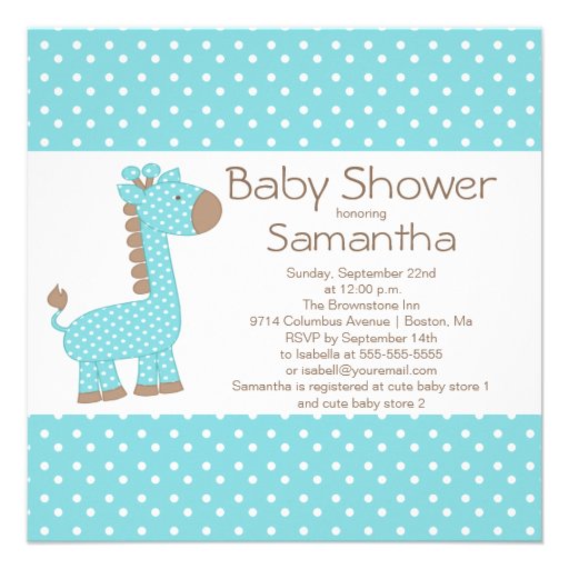 Cute Brown Blue Giraffe Boys Baby Shower Custom Invite