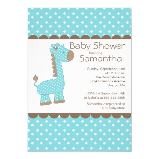 Cute Brown Blue Giraffe Boys Baby Shower Personalized Announcement (front side)