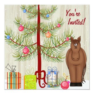 Cute Brown Horse and Christmas Tree Birthday Invitation