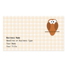 Cute Brown Owl, Beige Check Background. Business Card Template