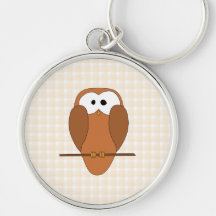Cute Brown Owl, Beige Check Background. Keychains