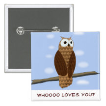 Cute Brown Owl Blue Sky Whoooo Loves You Button