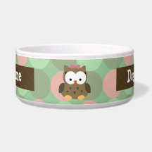 Cute Brown Owl w/Pink Bow Dog Bowl