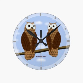 Cute Brown Owls In Blue Sky Wall Clock