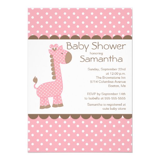Cute Brown Pink Giraffe Girls Baby Shower Personalized Invite