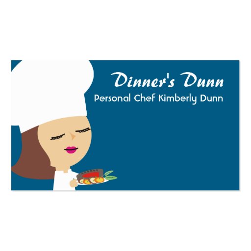 Cute brunette girl chef steak dinner biz cards business card templates (front side)