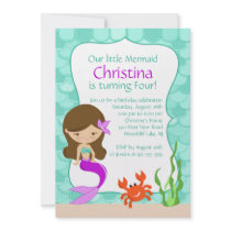 Cute Brunette Mermaid Birthday Invitation