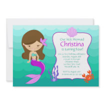 Cute Brunette Mermaid Birthday Invitation