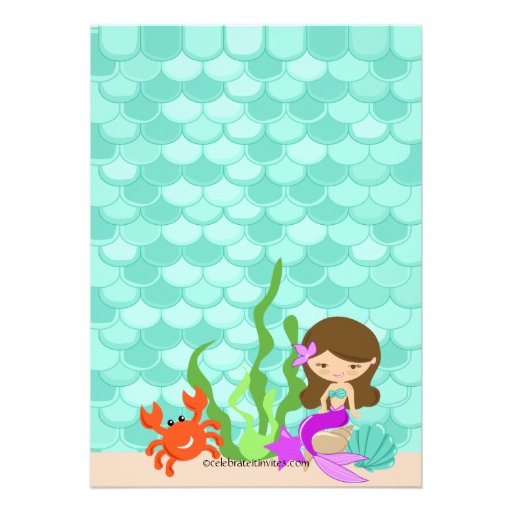 Cute Brunette Mermaid Birthday Invitation
