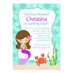 Cute Brunette Mermaid Birthday Invitation
