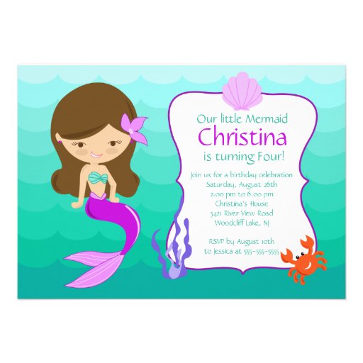 Cute Brunette Mermaid Birthday Invitation (front side)